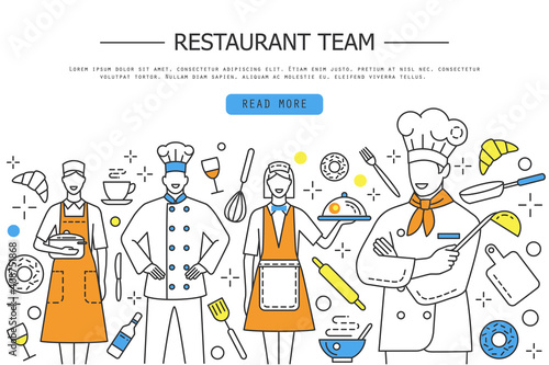 Restaurant team characters with chef, assistants, waitress or hostess and others. Group of restaurant staff in linear style, vector. Catering team professionals