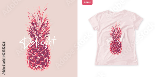 Summer graphic womens tee with pineapple, stylish print, vector illustration