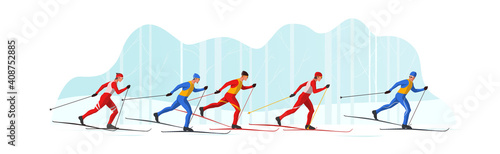 Skiers in sportswear are skiing with Ski poles and skis. Athletes participate in winter sports competition. The leader of pelothon tries to win a sprint race.Vector flat design web banner illustration