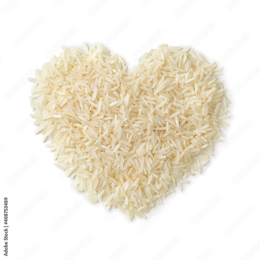 Heart shaped heap of raw Basmati rice isolated on white background