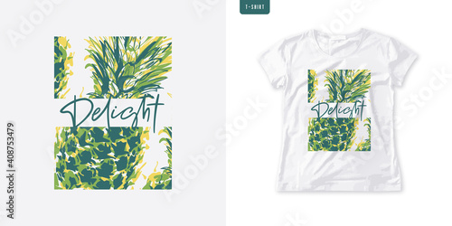 Summer graphic womens tee with pineapple, stylish print, vector illustration