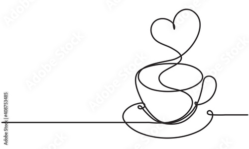 Сup and heart. Drawing by a continuous line. Declaration of love. Hot drink aroma.