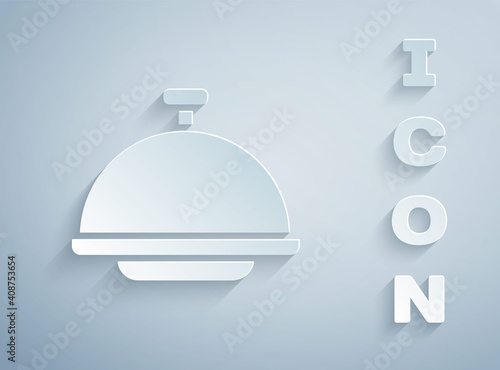 Paper cut Covered with a tray of food icon isolated on grey background. Tray and lid sign. Restaurant cloche with lid. Paper art style. Vector.