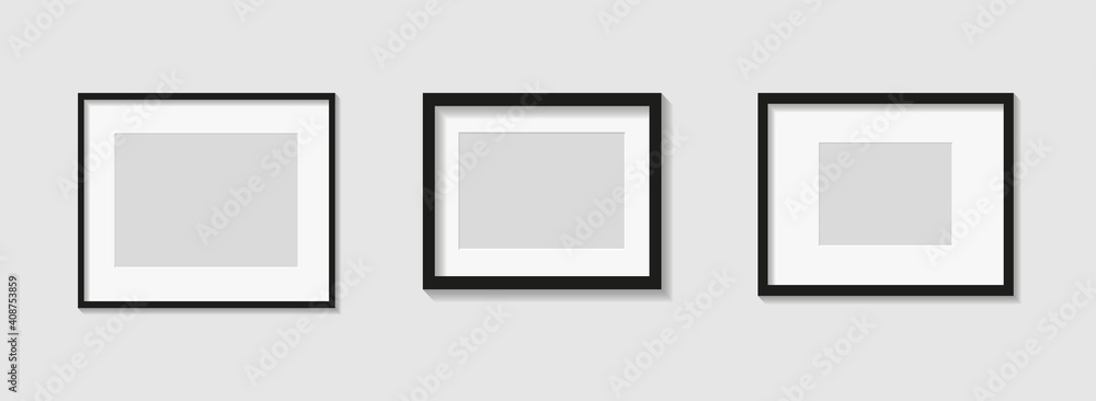 Set of black photo or picture frames with white mat and shades isolated on gray background. Vector illustration. Wall decor. Rectangle horizontal photo frames - obrazy, fototapety, plakaty 