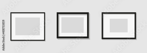 Set of black photo or picture frames with white mat and shades isolated on gray background. Vector illustration. Wall decor. Rectangle horizontal photo frames