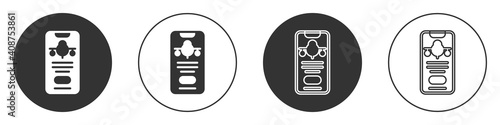 Black Smartphone with electronic boarding pass airline ticket icon isolated on white background. Passenger plane mobile ticket for web and app. Circle button. Vector.