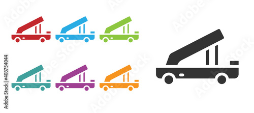 Black Passenger ladder for plane boarding icon isolated on white background. Airport stair travel. Set icons colorful. Vector.