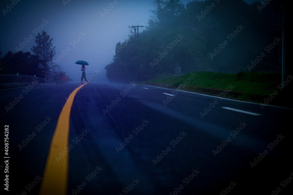 woman on foggy mountain road