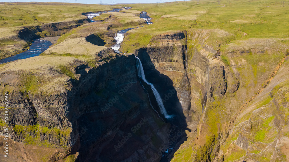 Aerial view of beautiful Waterfall Haifoss, Iceland, Summertime Aerial view of beautiful Waterfall Haifoss, Iceland, Summertime