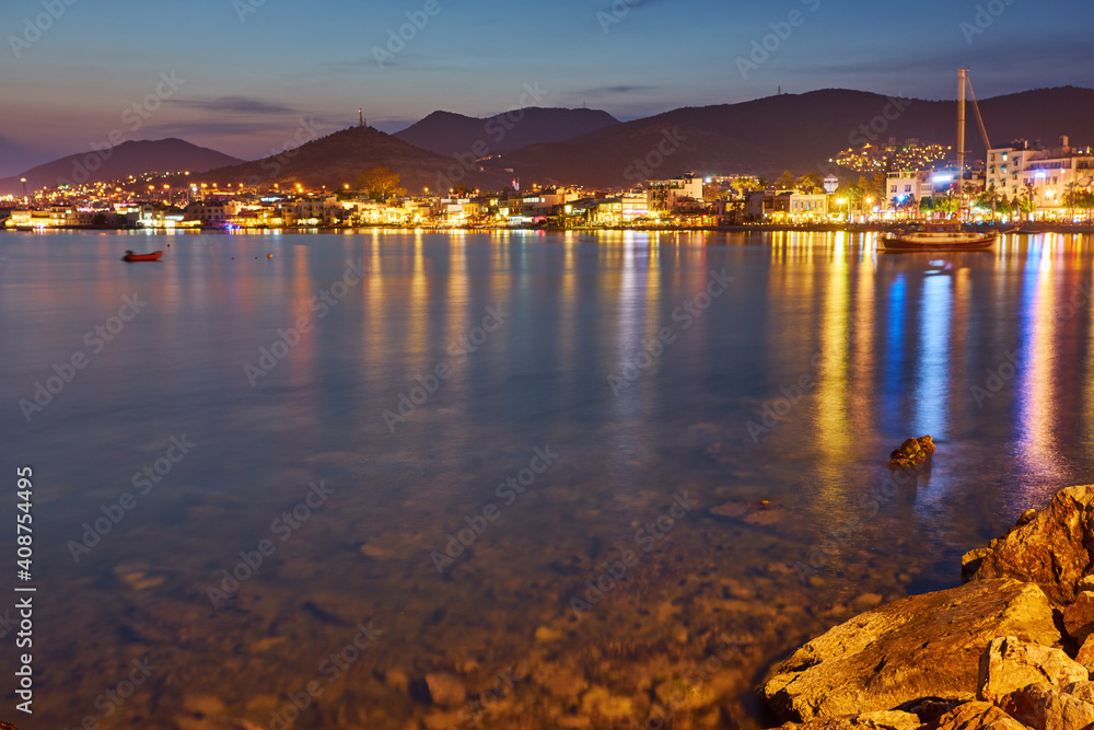 Obraz premium View of the Gumusluk Bodrum Marina, sailing boats and yachts in Bodrum town, city of Turkey.