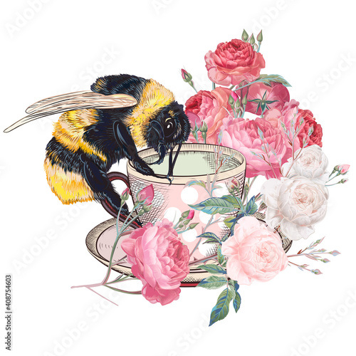 Fashion illustration with vector bumble bee, cup and rose flowers