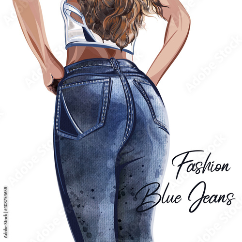 Fashion vector illustration with girl staying back in blue jeans