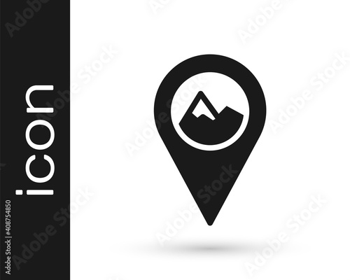 Black Map pointer with mountain icon isolated on white background. Mountains travel icon. Vector.