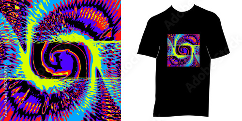 Image vectorielle abstraite d’un fractal psychédélique multi-couleur et de son application commerciale sur un tee-shirt.