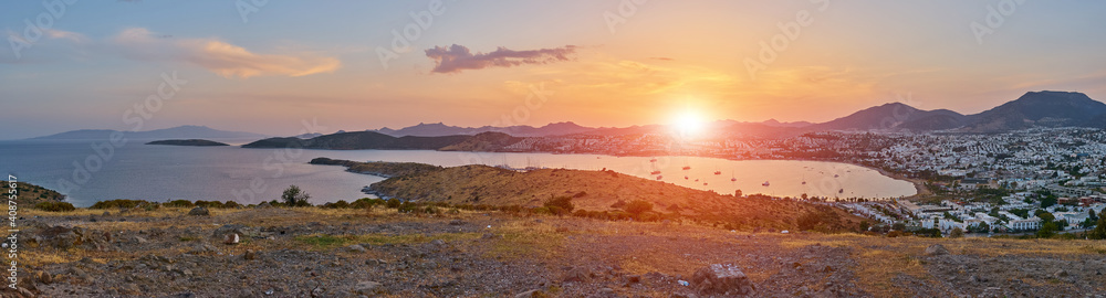 Panoramic Sunset view of Gumbet bay in Bodrum on Turkish Riviera. Bodrum is a district and a port city in Mugla Province