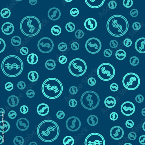 Green line Coin money with dollar symbol icon isolated seamless pattern on blue background. Banking currency sign. Cash symbol. Vector Illustration.