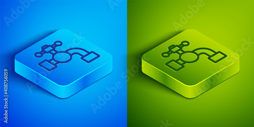Isometric line Water tap icon isolated on blue and green background. Square button. Vector Illustration.