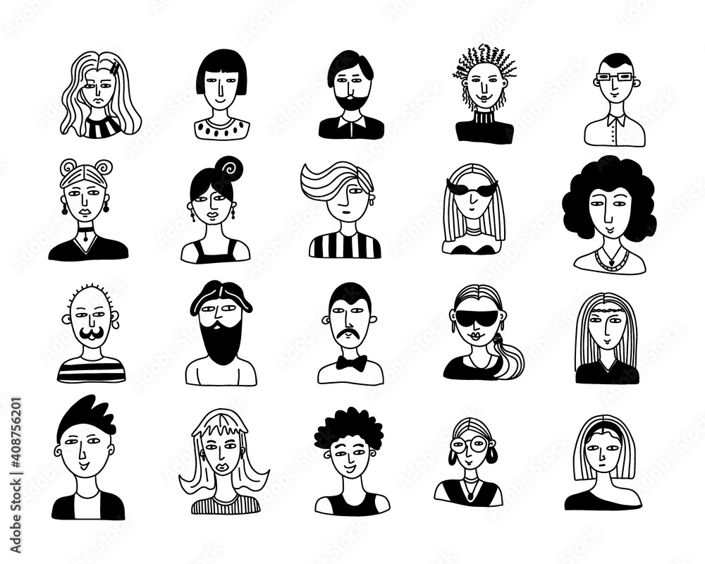 Doodle people. Hand drawn male and female faces, social media user avatars collection, hipster man and woman portrait, modern human icon. Line black and white vector isolated cartoon set Doodle people. Hand drawn male and female faces, social media user avatars collection, hipster man and woman portrait, modern human icon. Line black and white vector isolated cartoon set