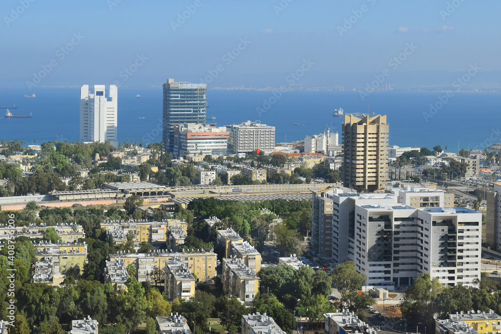 view of the districts lower town Haifa, in the background, the Rambam hospital building and the Gulf of Haifa, Israel
