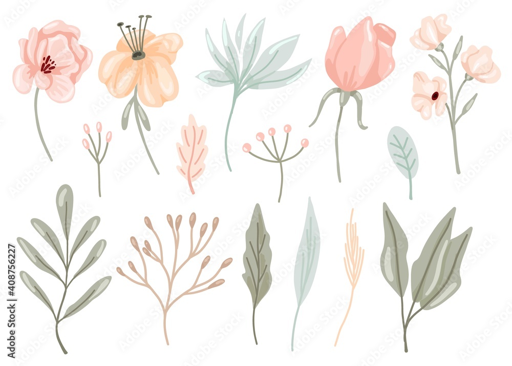Pastel flowers and leaves set. Hand drawn elegance boho style botanical collection, soft colors, romantic decor for wedding and valentines day cards. Vector isolated floral set