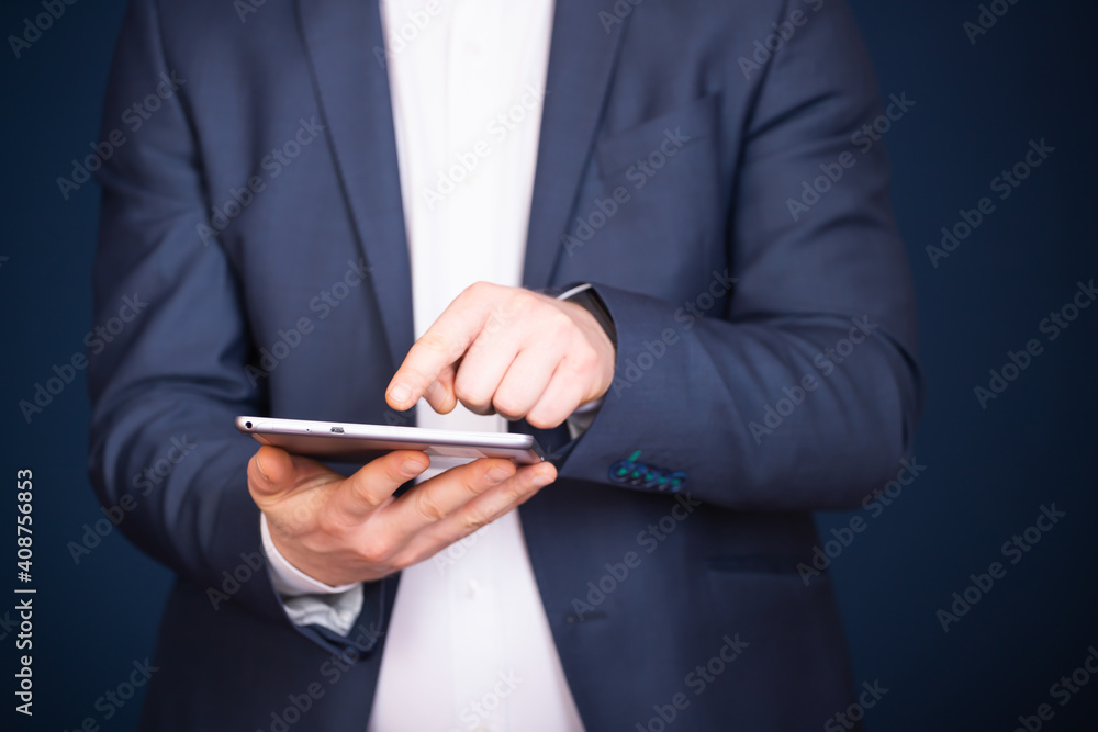 Businessman using tablet, double exposure with network Businessman using tablet, double exposure with network