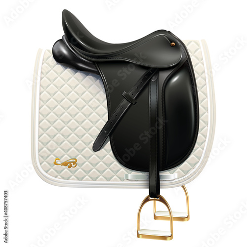 Black leather dressage saddle with white saddle pad isolated on white background photo