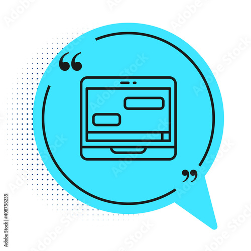 Black line New chat messages notification on laptop icon isolated on white background. Smartphone chatting sms messages speech bubbles. Blue speech bubble symbol. Vector.