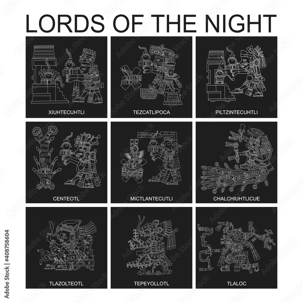 vector set with Aztec deities Lords of the Night for your project vector set with Aztec deities Lords of the Night for your project