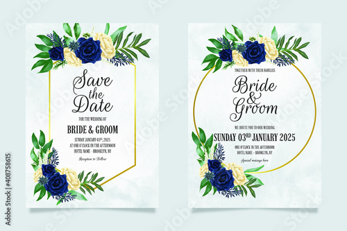 floral wedding invitation template set with dusty watercolor roses leaves decoration card design concept