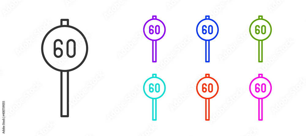 Black line Speed limit traffic sign 60 km icon isolated on white background. Set icons colorful. Vector. Black line Speed limit traffic sign 60 km icon isolated on white background. Set icons colorful. Vector.