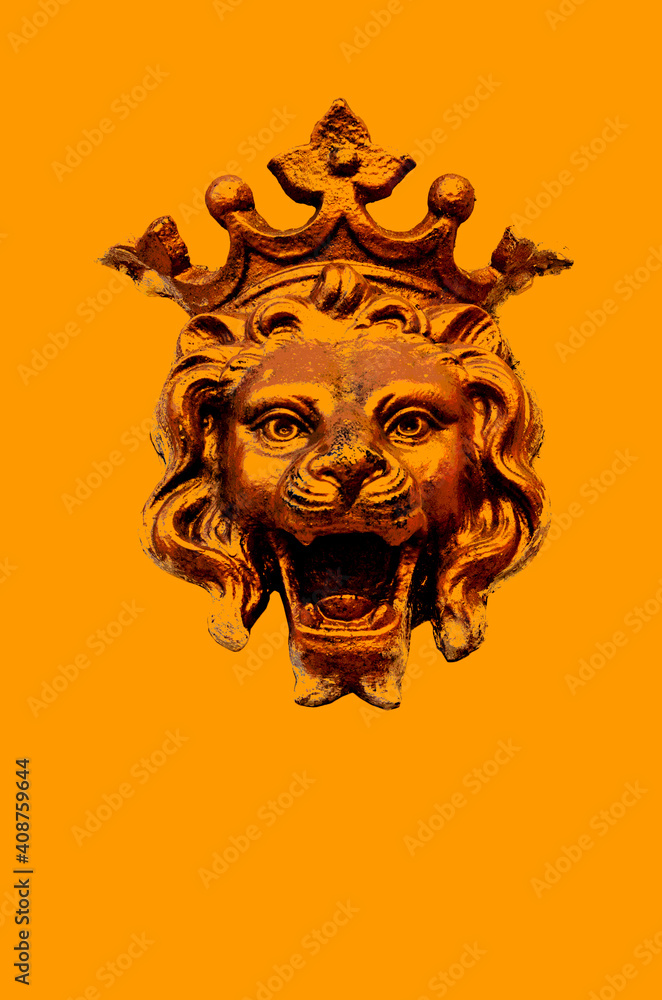 Bronze lion head with crown isolated on orange background illustration Bronze lion head with crown isolated on orange background illustration