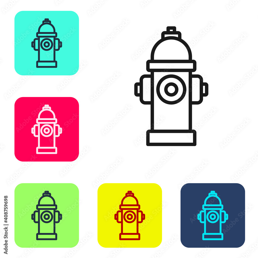 Black line Fire hydrant icon isolated on white background. Set icons in color square buttons. Vector. Black line Fire hydrant icon isolated on white background. Set icons in color square buttons. Vector.
