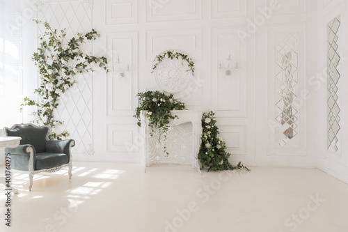 Fototapeta Naklejka Na Ścianę i Meble -  luxury delicate interior of the living room and bedroom in light colors with expensive chic carved furniture in classic style