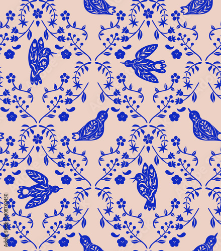 FLoral blue bird silhouettes seamless pattern. Vector scandinvian design