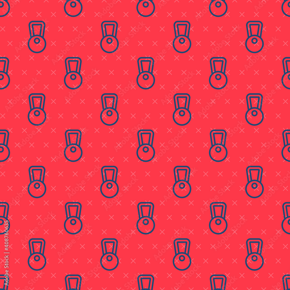 Blue line Kettlebell icon isolated seamless pattern on red background. Sport equipment. Vector. Blue line Kettlebell icon isolated seamless pattern on red background. Sport equipment. Vector.