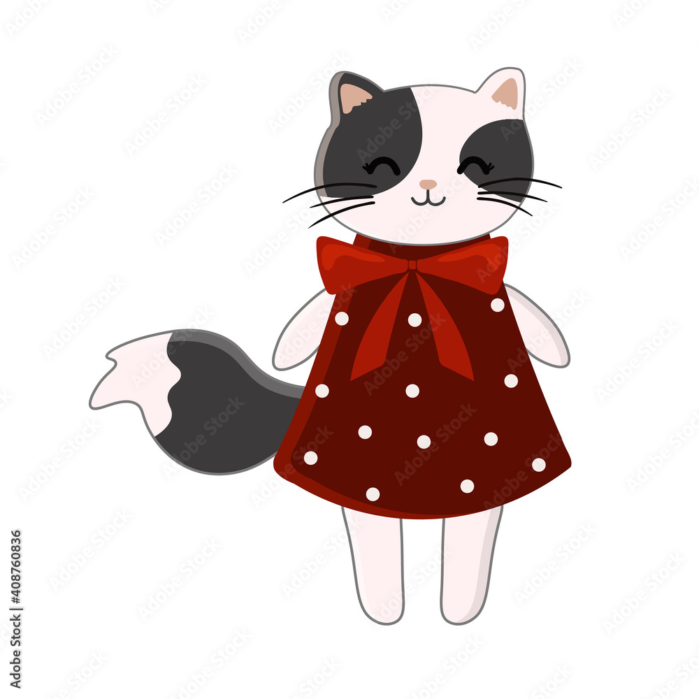 Fototapeta premium Cat girl in a dress, vector illustration on a white background. Can be used as a print on children's clothing, greeting cards, invitations to children's parties, room poster.
