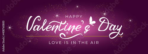 Valentine's day greeting card with hand drawn lettering and butterfly icon on purple background gold glittering. For holiday invitations, banner, cover social network. Vector illustration.