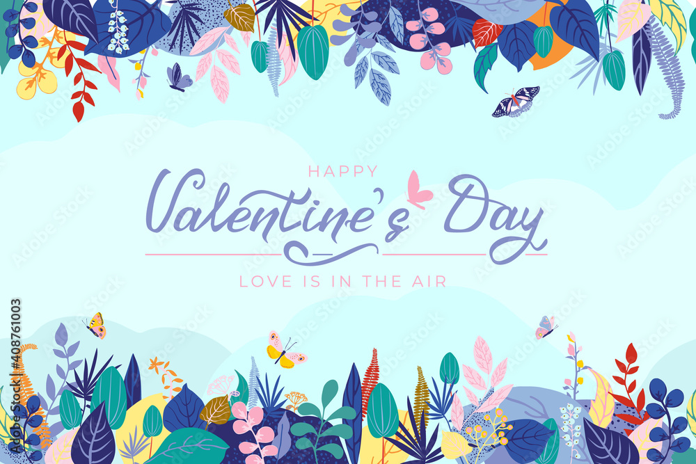 Colorful floral composition with hand drawn lettering, leaves, colorful flowers, butterflies for Valentine's day. Horizontal stripe seamless pattern in bright spring colors. Vector illustration.