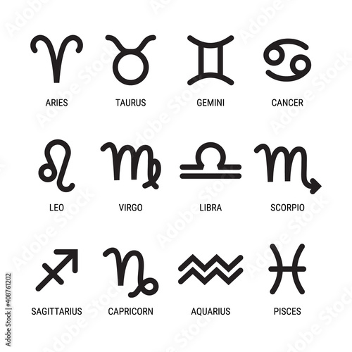 Zodiac sign. Astrological symbols of the twelve zodiacal constellations isolated on white background. Vector illustration