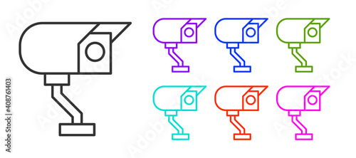 Black line Security camera icon isolated on white background. Set icons colorful. Vector.