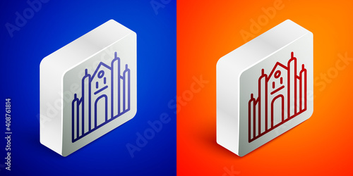 Isometric line Milan Cathedral or Duomo di Milano icon isolated on blue and orange background. Famous landmark of Milan, Italy. Silver square button. Vector.