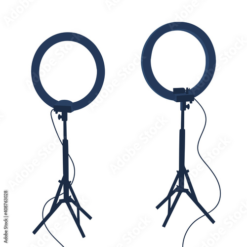 Selfie ring lamps. Studio professional lighting equipment. Video light for bloggers. Vector flat illustration isolated on white background.