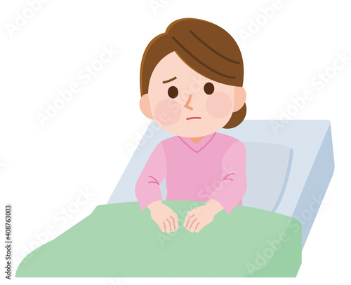 入院　不安な女性入院患者　イラスト