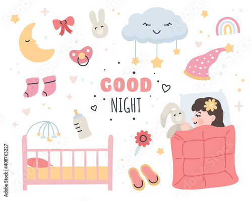 Good night elements set with cute baby girl.