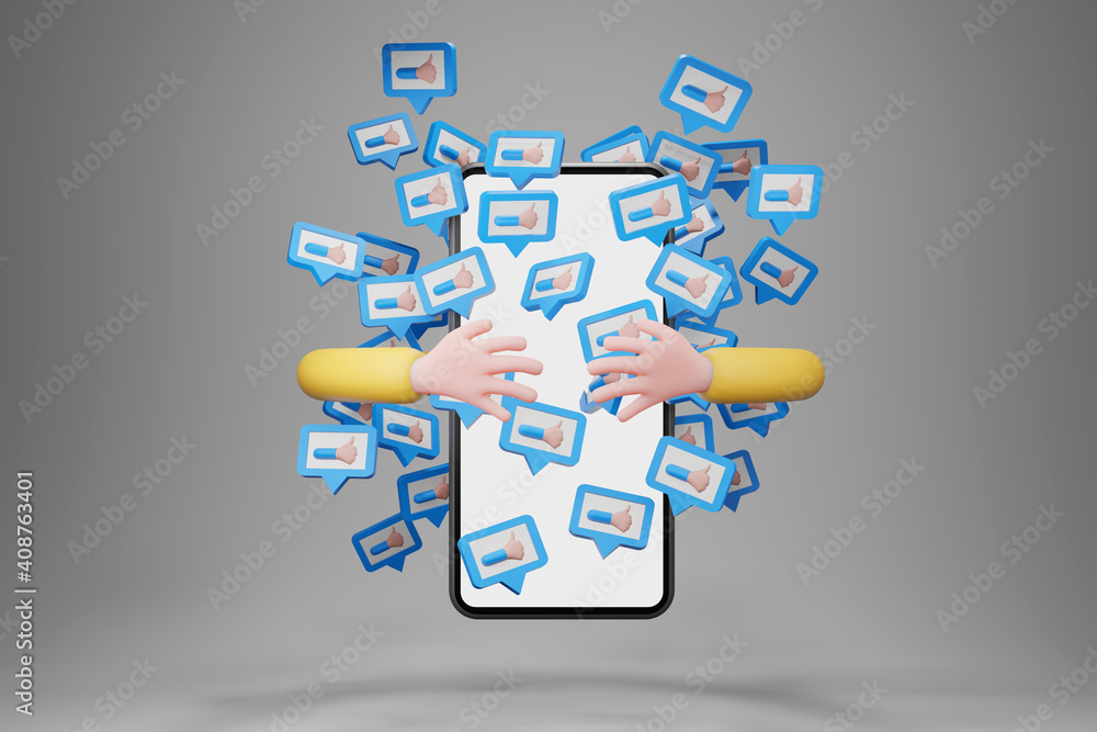 hand embracing smartphone with like icons notifications flying around. social media concept, 3d rendering hand embracing smartphone with like icons notifications flying around. social media concept, 3d rendering