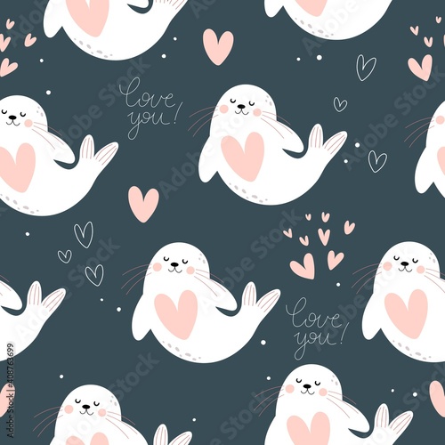 Seamless pattern with cartoon seal. Colorful vector flat style. hand drawing. valentines day. Romantic design for print, wrapper, fabric.