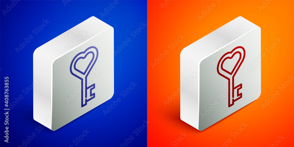 Isometric line Key in heart shape icon isolated on blue and orange background. Valentines day symbol. Silver square button. Vector. Isometric line Key in heart shape icon isolated on blue and orange background. Valentines day symbol. Silver square button. Vector.