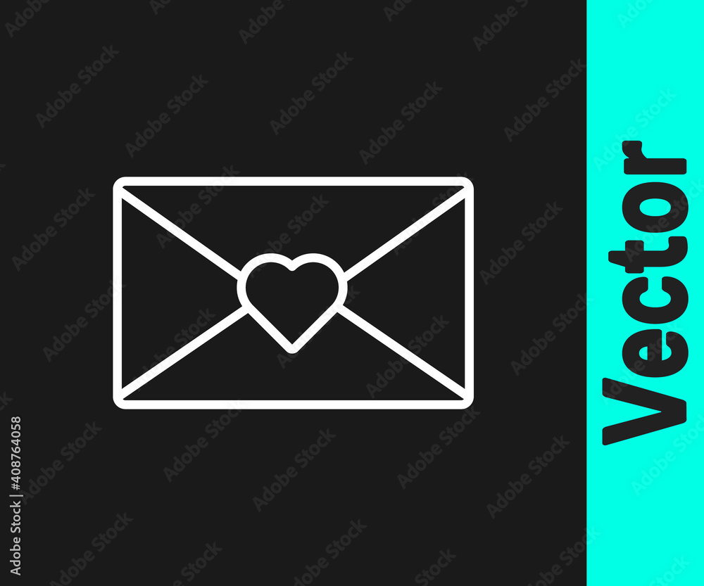 White line Envelope with Valentine heart icon isolated on black background. Message love. Letter love and romance. Vector. White line Envelope with Valentine heart icon isolated on black background. Message love. Letter love and romance. Vector.