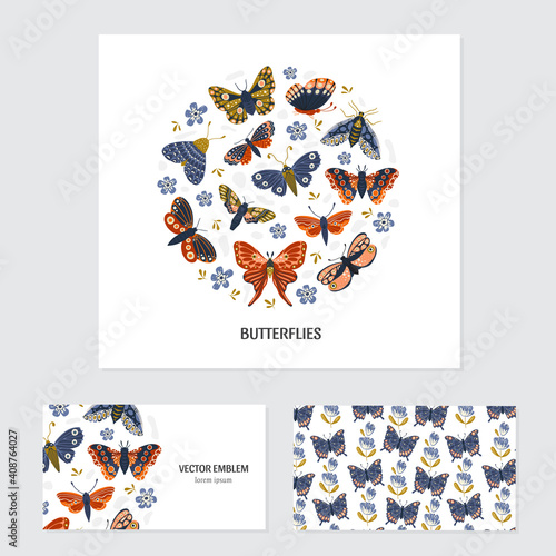 Bussiness cards set of butterflies and moths. Colorful collection