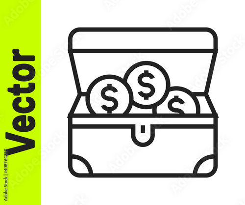 Black line Treasure chest icon isolated on white background. Vector.